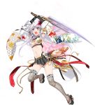  &gt;:o 1girl :o antenna_hair breasts checkered checkered_skirt cleavage flower full_body hair_flower hair_ornament holding holding_spear holding_weapon long_hair maeda_kanazawa_(oshiro_project) medium_breasts midriff murakami_yuichi navel official_art open_mouth oshiro_project oshiro_project_re pleated_skirt polearm purple_hair sideboob skirt spear thigh-highs transparent_background two_side_up very_long_hair weapon white_hair 