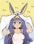 1girl alternate_costume animal_ears arms_up blush breasts collarbone earrings fate/grand_order fate_(series) hairband hoop_earrings jewelry long_hair looking_at_viewer medium_breasts mishin_(mbmnk) nitocris_(fate/grand_order) pout purple_hair sidelocks solo swimsuit tears veil very_long_hair violet_eyes white_swimsuit