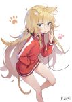  10s 1girl absurdres animal_ears blonde_hair blue_eyes blush cat_ears cat_tail gabriel_dropout hand_in_pocket headphones headphones_around_neck highres jacket kentllaall long_hair looking_at_viewer open_mouth paw_print simple_background solo tail tenma_gabriel_white track_jacket white_background 