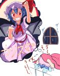  &gt;:) 1girl ascot bat_wings blue_eyes blue_hair blush brooch crying dress furorina grin hair_between_eyes hat hat_ribbon imagining jewelry looking_at_viewer mob_cap puffy_short_sleeves puffy_sleeves rain red_ribbon remilia_scarlet ribbon short_hair short_sleeves smile solo thought_bubble touhou under_covers uu~ white_dress wings 