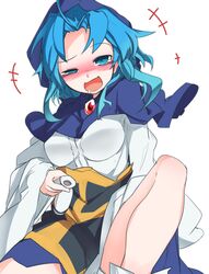  +++ 1girl :d ahoge blue_eyes blue_hair blush breasts drunk furorina hood kesa knee_up kumoi_ichirin laughing long_hair long_sleeves looking_at_viewer medium_breasts nose_blush nun open_mouth sitting smile solo tokkuri touhou wide_sleeves 