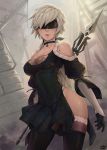 1girl bare_shoulders black_dress black_gloves blindfold boots breasts choker cleavage covered_eyes covered_navel cowboy_shot detached_sleeves dress gloves highleg highleg_dress highres holding holding_weapon lips long_hair low_ponytail medium_breasts nier_(series) nier_automata original polearm robot_joints ruins scar scar_across_eye silver_hair solo spear thigh-highs thigh_boots thighhighs_under_boots vambraces weapon yellowroom 