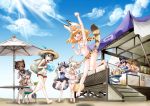  6+girls :d adapted_costume alternate_hairstyle animal_ears arm_up armpits backpack bag ball bare_legs barefoot beach beach_umbrella beachball bird_tail black_hair blonde_hair blue_sky bottle bow bowtie brown_hair chair chiki_yuuko clenched_hand clouds common_raccoon_(kemono_friends) crop_top day eating eurasian_eagle_owl_(kemono_friends) ezo_red_fox_(kemono_friends) fennec_(kemono_friends) food fox_ears fox_tail hat hat_feather head_wings ice_cream ice_cream_cone ice_cream_cone_spill japari_symbol kaban_(kemono_friends) kemono_friends light_rays long_hair multicolored_hair multiple_girls northern_white-faced_owl_(kemono_friends) open_mouth outdoors ponytail print_bowtie print_shorts raccoon_ears raccoon_tail serval_(kemono_friends) serval_ears serval_print serval_tail short_hair short_shorts shorts silver_fox_(kemono_friends) silver_hair skirt sky smile sun_hat sunbeam sunlight swimsuit table tail tray umbrella white_bikini_top white_hair yakisoba yellow_eyes 