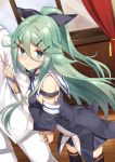  1boy 1girl 3: admiral_(kantai_collection) arched_back arm_hug black_bow black_skirt blue_eyes blush bow closed_mouth detached_sleeves green_hair hair_between_eyes hair_bow hair_flaps hair_ornament hairclip kantai_collection long_hair looking_at_viewer out_of_frame pleated_skirt ponytail revision sailor_collar sidelocks skirt solo_focus thigh-highs yamakaze_(kantai_collection) yappen zettai_ryouiki 