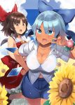  +_+ 2girls alternate_breast_size alternate_costume armpit_peek ascot bare_arms blue_bow blue_eyes blue_hair blush bow breasts brown_eyes brown_hair cirno cleavage collarbone cowboy_shot day eyebrows_visible_through_hair fang field flower flower_field hair_bow hakurei_reimu hand_on_hip hand_up hip_vent ice ice_wings large_breasts leaning_forward looking_at_another looking_at_viewer multiple_girls open_mouth outdoors plant shin_(new) shirt short_hair short_sleeves skirt skirt_set sleeveless smile standing sunflower tan tanned_cirno touhou v vines wings 