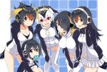  5girls :d black_hair breasts brown_eyes emperor_penguin_(kemono_friends) food food_in_mouth gentoo_penguin_(kemono_friends) hair_over_one_eye hand_on_own_knee hands_on_another&#039;s_shoulders headphones hood hoodie humboldt_penguin_(kemono_friends) jacket japari_bun kemono_friends large_breasts lineup medium_breasts mirai_denki mouth_hold multicolored_hair multiple_girls open_mouth penguin_tail penguins_performance_project_(kemono_friends) red_eyes rockhopper_penguin_(kemono_friends) royal_penguin_(kemono_friends) salute smile streaked_hair zipper 