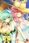  2girls animal_ears aqua_hair bangs bare_arms bare_shoulders bikini blue_bikini blue_sky blush breasts cleavage closed_mouth day detached_collar eyebrows_visible_through_hair fang fate/grand_order fate_(series) fox_ears hair_between_eyes halter_top halterneck hat highres horns kiyohime_(fate/grand_order) kiyohime_(swimsuit_lancer)_(fate) large_breasts long_hair looking_at_viewer mirei multiple_girls obi outdoors palm_tree parted_lips pink_hair sash see-through shirt side-tie_bikini sky smile starfish straw_hat summer swimsuit tamamo_(fate)_(all) tamamo_no_mae_(swimsuit_lancer)_(fate) tree v white_shirt yellow_bikini yellow_eyes 