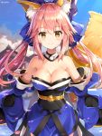  10s 1girl animal_ears bangs bare_shoulders blush breasts choker cleavage collarbone commentary_request detached_sleeves eyebrows_visible_through_hair fate/extra fate/grand_order fate_(series) fox_ears fox_tail hair_ribbon japanese_clothes large_breasts long_hair looking_at_viewer obi pink_hair ribbon rin_yuu sash smile solo tail tamamo_(fate)_(all) tamamo_no_mae_(fate) twitter_username yellow_eyes 