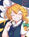  1girl ^_^ blush braid breasts closed_eyes commentary facing_viewer furorina grin hat heart kirisame_marisa messy_hair pointing pointing_at_self short_hair_with_long_locks single_braid small_breasts smile solo star teeth touhou witch_hat 