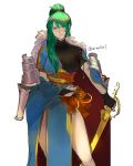  1girl absurdres armor blush boots breasts dress earrings fingerless_gloves fire_emblem fire_emblem:_rekka_no_ken fire_emblem_heroes gloves green_eyes green_hair high_ponytail highres jewelry long_hair looking_at_viewer lyndis_(fire_emblem) ponytail solo sword very_long_hair weapon 