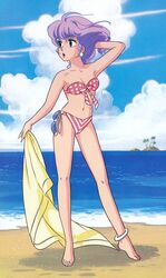  1girl adjusting_hair anklet artist_request barefoot beach bikini creamy_mami day earrings highres island jewelry kitagawa_yuuko lipstick mahou_no_tenshi_creamy_mami makeup morisawa_yuu navel official_art outdoors purple_hair sand short_hair solo standing sunglasses swimsuit towel 