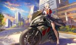  1girl achyue black_necktie blush breasts gloves ground_vehicle high_heels large_breasts long_hair looking_at_viewer motor_vehicle motorcycle necktie parted_lips red_eyes smile white_gloves white_hair 