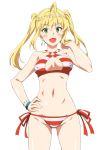  1girl :d bikini blonde_hair breasts earrings fate/grand_order fate_(series) green_eyes jewelry kobayashi_shinpei midriff navel nero_claudius_(swimsuit)_(fate) open_mouth saber_extra smile solo striped striped_bikini striped_swimsuit swimsuit twintails 