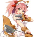  1girl @_@ agsen animal_ears bell bell_collar breasts cleavage collar fangs fate/grand_order fate_(series) fox_ears fox_tail gradient gradient_background hair_ribbon knife large_breasts long_hair looking_at_viewer open_mouth pink_hair ribbon solo tail tamamo_(fate)_(all) tamamo_cat_(fate) yellow_eyes 