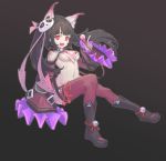  1girl absurdres animal_ears black_hair breasts eyebrows_visible_through_hair highres holding holding_microphone long_hair looking_at_viewer medium_breasts microphone navel nishimachi_snow open_mouth original red_eyes red_legwear sitting smile solo thigh-highs under_boob 