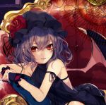  1girl absurdres bangs bat_wings black_dress black_hat closed_mouth couch daimaou_ruaeru dress flower hair_between_eyes hat hat_flower highres long_hair looking_at_viewer mob_cap purple_hair red_eyes red_rose remilia_scarlet rose solo touhou turtleneck wings wrist_cuffs 