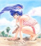  1girl 80s arm_support ayukawa_madoka barefoot blue_eyes blue_hair day floating_hair high_ponytail kimagure_orange_road long_hair looking_at_viewer official_art oldschool outdoors pants pants_rolled_up sandals shirt shoes_removed sleeveless sleeveless_shirt solo squatting striped striped_shirt takada_akemi traditional_media vertical-striped_shirt vertical_stripes watercolor_(medium) 
