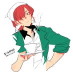  1boy apron bishounen_series closed_mouth copyright_name cropped_torso cup dated expressionless fukuroi_mitsuru hair_over_one_eye hand_on_hip kinako_(marubotan) looking_at_viewer male_focus plate red_eyes redhead simple_background solo upper_body white_background 