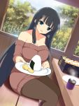  1girl bare_shoulders black_hair blue_eyes blush breasts cleavage collarbone dutch_angle food happy highres ikaruga_(senran_kagura) indoors large_breasts long_hair looking_at_viewer no_bra obentou off-shoulder_sweater onigiri open_mouth pantyhose plate senran_kagura senran_kagura_(series) sitting smile solo sweater sweater_dress tea very_long_hair 