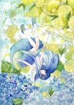  absurdres blue_dress blue_hair dress en4xx flower food fruit grey_eyes highres hydrangea lemon lemon_slice long_hair looking_at_viewer mary_janes parasol school_uniform serafuku shoes socks traditional_media umbrella upside-down water_drop watercolor_(medium) white_legwear 