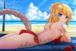  1girl ass au_ra back beah bikini blue_sky clouds cloudy_sky final_fantasy final_fantasy_xiv highres horizon horns kazenokaze long_hair looking_at_viewer lying ocean on_stomach ponytail red_bikini scales side-tie_bikini sky solo swimsuit tail 