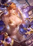  10s 1girl bare_shoulders bikini bracelet breasts brown_eyes brown_hair choker cleavage collarbone flower granblue_fantasy groin hair_flower hair_ornament hand_in_hair highres jewelry large_breasts no_navel open_mouth signo_aaa solo song_(granblue_fantasy) sparkle swimsuit thigh_strap 