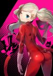  1girl ass blonde_hair blue_eyes bodysuit cat_tail commentary_request from_behind gloves hair_ornament highres long_hair looking_at_viewer looking_back mask mask_removed one_eye_closed persona persona_5 red_bodysuit smile solo tail takamaki_anne twintails white_gloves yamacchi 