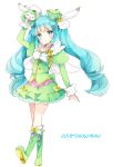 &gt;_&lt; 1girl 2018 :o ahoge animal animal_ears blue_eyes blue_hair blush boots bow character_name clothed_animal commentary_request eyebrows_visible_through_hair full_body green_boots green_hat green_shirt green_skirt hair_ornament hairclip hat hatsune_miku head_tilt highres holding holding_animal jewelry juliet_sleeves key knee_boots long_hair long_sleeves looking_at_viewer mini_hat neck_ring parted_lips puffy_sleeves rabbit_ears rubber_boots shirt simple_background skirt snowflake_hair_ornament star tsukiyo_(skymint) twintails underbust very_long_hair vocaloid walking white_background white_wings wings yellow_bow yuki_miku yukine_(vocaloid) 