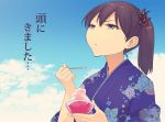  1girl alternate_costume brain_freeze brown_hair commentary flower food hair_flower hair_ornament highres holding holding_food holding_spoon japanese_clothes kaga_(kantai_collection) kantai_collection kimono looking_up masukuza_j shaved_ice side_ponytail solo yellow_eyes 