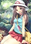  1girl bag bare_shoulders blue_(pokemon) blue_shirt blush breasts brown_eyes brown_hair eyebrows_visible_through_hair hat long_hair looking_at_viewer matching_hair/eyes medium_breasts open_mouth outdoors pleated_skirt pokemon pokemon_rgby red_skirt shirt sitting skirt sleeveless sleeveless_shirt smile solo tree white_hat wristband xe-cox yellow_bag 