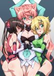  3girls akatsuki_kirika arms_up ass bare_shoulders black_hair blonde_hair blue_eyes blush breasts cleavage commentary_request covered_navel elbow_gloves erect_nipples eyebrows_visible_through_hair girl_sandwich gloves gluteal_fold green_eyes green_leotard hair_ornament hand_holding interlocked_fingers large_breasts leotard long_hair looking_at_viewer maria_cadenzavna_eve medium_breasts multiple_girls open_mouth pink_eyes pink_hair pink_leotard sandwiched senki_zesshou_symphogear shiny shiny_clothes shiny_hair shiny_skin short_hair shoulder_blades shunzou skin_tight small_breasts thigh-highs thigh_gap tsukuyomi_shirabe twintails very_long_hair white_legwear 