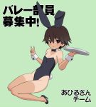  10s 1girl alternate_costume animal_ears black_bow black_bowtie black_leotard black_shoes bow bowtie breasts brown_eyes brown_hair bunny_tail bunnysuit closed_mouth detached_collar fake_animal_ears fake_tail frown girls_und_panzer green_background high_heels holding isobe_noriko kneeling leotard rabbit_ears shoes short_hair simple_background small_breasts solo strapless strapless_leotard tail tan tanline tray v wata_do_chinkuru wrist_cuffs 