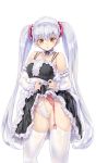  1girl absurdres bare_shoulders blush breasts brown_eyes detached_sleeves garter_belt garter_straps highres hoshino_ruri kidou_senkan_nadesico kiyama_satoshi lifted_by_self long_hair looking_at_viewer maid_headdress panties parted_lips see-through_silhouette silver_hair simple_background skirt skirt_lift solo thigh-highs twintails underwear very_long_hair wet wet_clothes wet_panties white_background white_legwear white_panties 