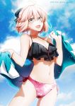  1girl 2017 asymmetrical_bikini bikini black_bow bow breasts clouds cowboy_shot dated fate/grand_order fate_(series) floral_print frilled_bikini frills hair_bow koha-ace looking_at_viewer medium_breasts navel nina_(pastime) open_mouth pink_hair sakura_saber shinsengumi short_hair side-tie_bikini sky smile solo swimsuit towel twitter_username yellow_eyes 