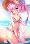  1girl :d bangs barefoot beach bikini blue_sky bracelet breasts cleavage clouds collarbone day eyebrows_visible_through_hair fate/grand_order fate_(series) flower frilled_bikini frills glasses hair_ornament hair_over_one_eye hairclip halterneck hat hat_ribbon holding_towel horizon jewelry looking_at_viewer medium_breasts nogi_takayoshi ocean open_mouth outdoors pink_hair purple_ribbon ribbon shielder_(fate/grand_order) side-tie_bikini sky smile solo squatting straw_hat sun_hat sunlight swimsuit towel violet_eyes water wet white_towel 