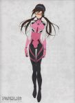  1girl absurdres bodysuit brown_hair closed_eyes full_body glasses grey_background hairband highres long_hair makinami_mari_illustrious neon_genesis_evangelion smile source_name twintails 