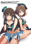  2girls antennae back-to-back beret black_gloves black_hair blue_eyes brown_hair choukai_(kantai_collection) glasses gloves hair_ornament hat hat_ribbon headgear kantai_collection long_hair looking_at_viewer maya_(kantai_collection) meriken0111 midriff multiple_girls pleated_skirt red_eyes red_ribbon remodel_(kantai_collection) ribbon rimless_glasses school_uniform serafuku short_hair simple_background sitting skirt sleeveless white_background white_skirt x_hair_ornament 