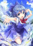  1girl ahoge blue_bow blue_eyes blue_hair blue_skirt bow bowtie cirno clouds cloudy_sky full_body hair_bow highres ice ice_wings kedama_milk looking_at_viewer open_mouth outdoors outstretched_arm pointy_ears puffy_short_sleeves puffy_sleeves red_bow red_bowtie short_hair short_sleeves skirt sky smile solo summer touhou vest water wings 