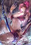  1girl bare_shoulders between_legs bikini breasts cleavage collarbone fate/grand_order fate_(series) flower hair_flower hair_in_mouth hair_ornament highres kunai large_breasts long_hair navel open_mouth partially_submerged polearm purple_hair red_eyes scathach_(fate/grand_order) scathach_(swimsuit_assassin)_(fate) side-tie_bikini signo_aaa sitting solo spear swimsuit thigh_strap weapon 
