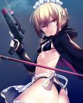  apron artoria_pendragon_(all) bikini black_bikini blonde_hair breasts brown_eyes cocked_hammer fate/grand_order fate_(series) gun highres holding holding_gun holding_weapon laser_sight looking_at_viewer maid_headdress saber_alter silly_(marinkomoe) small_breasts swimsuit trigger_discipline weapon 