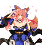  10s 1girl :3 animal_ears bell blue_legwear blush breasts cleavage collarbone detached_sleeves fate/extra fate/grand_order fate_(series) fox_ears fox_tail hair_ribbon heart highres japanese_clothes large_breasts long_hair looking_at_viewer open_mouth pink_hair ribbon savi_(byakushimc) simple_background solo tail tamamo_(fate)_(all) tamamo_no_mae_(fate) white_background yellow_eyes 