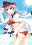  1girl ass bikini gangut_(kantai_collection) grey_hair hat jacket kantai_collection kuma317kuma long_hair long_sleeves military military_hat military_jacket military_uniform open_mouth red_eyes red_swimsuit remodel_(kantai_collection) sample scar scar_on_cheek solo sunset swimsuit torpedo uniform 