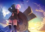  1girl :d armor bare_shoulders black_legwear blue_sky breasts clouds elbow_gloves fate/grand_order fate_(series) gloves gluteal_fold hair_over_one_eye navel nilitsu ocean open_mouth purple_hair shield shielder_(fate/grand_order) short_hair sky smile solo sunrise thigh-highs violet_eyes 