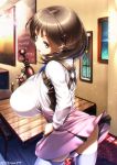  1girl ass breasts brown_eyes brown_hair energy_gun hair_ornament hairclip hand_on_hip huge_breasts impossible_clothes looking_to_the_side narusawa_ryouka occultic;nine parted_lips purple_legwear ray_gun short_hair skindentation skirt solo thigh-highs thighs twitter_username weapon yuushi_tessen 