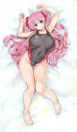  1girl bare_arms bare_legs bare_shoulders barefoot blue_eyes blush breasts cleavage competition_swimsuit full_body hair_ribbon haramura_nodoka highleg highleg_swimsuit highres huge_breasts kiyama_satoshi long_hair looking_at_viewer lying on_back one-piece_swimsuit parted_lips pink_hair red_ribbon ribbon saki solo swimsuit thigh_gap two_side_up very_long_hair 
