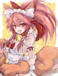  1girl animal_ears apron bell bell_collar blush breasts cleavage collar fate/grand_order fate_(series) fox_ears fox_tail hair_ribbon large_breasts long_hair looking_at_viewer maid_headdress naked_apron open_mouth paws pink_hair ribbon solo tail tamamo_(fate)_(all) tamamo_cat_(fate) yellow_eyes yumesato_makura 