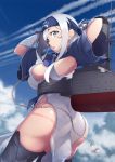 1girl ainu ainu_clothes blue_eyes blue_headband breasts chains clouds cloudy_sky cropped_jacket folded_ponytail hair_between_eyes headband kamoi_(kantai_collection) kantai_collection large_breasts long_hair mku open_mouth sidelocks sky solo white_hair 