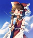  1girl :p ascot bangs bare_shoulders blue_sky blush bow brown_hair clouds cloudy_sky cowboy_shot day detached_sleeves food hair_bow hair_tubes hakurei_reimu long_sleeves looking_at_viewer nontraditional_miko popsicle red_bow red_eyes red_skirt red_vest retota ribbon-trimmed_sleeves ribbon_trim sidelocks skirt skirt_set sky solo tongue tongue_out touhou vest wide_sleeves 