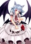  1girl :o animal_ears bangs bat_wings blue_hair blush cat_ears cowboy_shot frilled_shirt_collar frills gloves hat hat_removed headwear_removed highres kemonomimi_mode looking_at_viewer mob_cap neck_ribbon paw_gloves paws puffy_short_sleeves puffy_sleeves red_eyes red_ribbon remilia_scarlet ribbon shirt short_sleeves sinkai skirt skirt_set solo touhou white_shirt white_skirt wings 