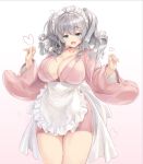  1girl :d alternate_costume apron bangs blue_eyes blush breasts cleavage collarbone commentary_request cowboy_shot enmaided highres japanese_clothes kantai_collection kashima_(kantai_collection) kimono kiyama_satoshi large_breasts long_sleeves looking_at_viewer maid maid_headdress open_mouth short_kimono silver_hair smile solo twintails waist_apron wavy_hair wide_sleeves 